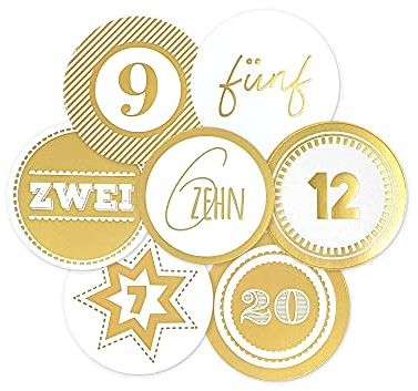 Frau WunderVoll® 24 Adventskalenderzahlen XL Aufkleber Gold, Durchmesser 6 cm/Sticker, Weihnachten, Adventskalender, DIY Kalender, Kindergeburtstag, Aufkleber Kinder,Junge, Mädchen