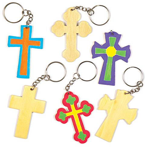 Baker Ross Cross Wooden Keyrings - Pack of 8, Easter Crafts for Kids (AC639),Off-white