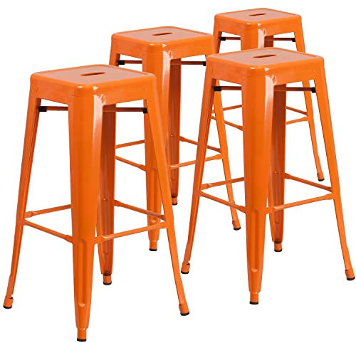 Flash Furniture Barhocker, kommerzielle Qualität, 76 cm hoch, ohne Rückenlehne, Metall, für Innen- und Außenbereich, quadratische Sitzfläche, Kunststoff, Gummi, orange, 4 Stück