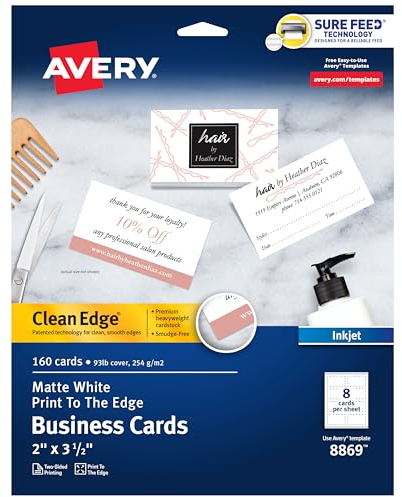 Avery Clean Edge bedruckbare Visitenkarten mit Sure Feed Technologie, 5,1 x 8,9 cm, weiß, 160 Blanko-Karten für Tintenstrahldrucker (8869)