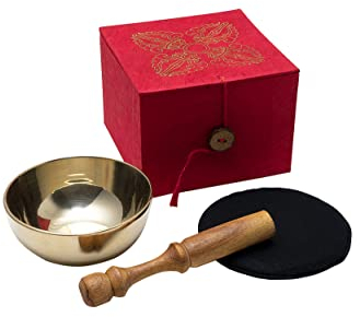 Kleine Klangschale in roter Geschenkbox aus Loktha-Papier inklusiv schwarz roter Unterlage sowie einem Holzklöppel zum anschlagen -5080- Hergestellt in Nepal, für Schule, Achtsamkeit,