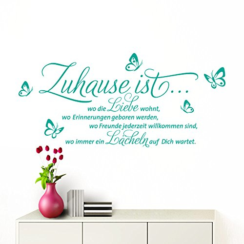 Grandora Wandtattoo Zuhause ist I türkis (BxH) 100 x 53 cm I Schmetterlinge Wohnzimmer Spruch Aufkleber selbstklebend Wandaufkleber Wandsticker W1133