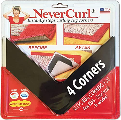 NeverCurl - Instantly Stops Rug Corner Curling. Safe for wood floors w/rubber backing. Includes 4 pcs. #1 in USA.