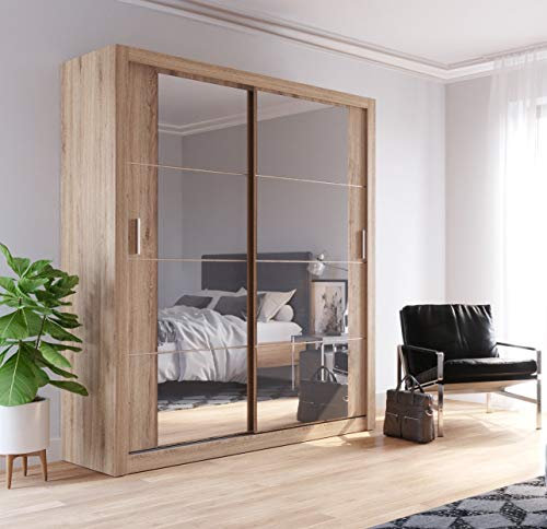 Arthauss Modern Bedroom Mirror Sliding Door Wardrobe ARTI 3 in Oak Shetland 181cm with LED lighting - Sliding Door Wardrobe, Ideal for Small Rooms, Mirrored Furniture Enhancing Natural Light