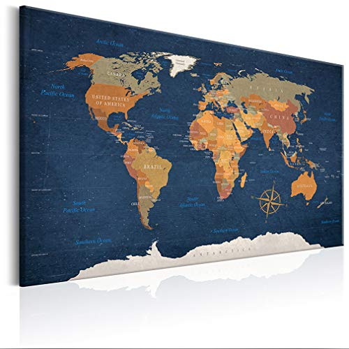 decomonkey Pannello in fibra Scrittura inglese Mappa del mondo, 90x60 cm | con 50 puntine, sfondo blu scuro, decorativo da parete, carta da viaggio con spille
