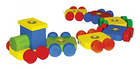 Hess Holzspielzeug 14380 - Geburtstagszug aus Holz für 7 Kerzen, Lokomotive mit 6 bunten Waggons, Länge ca. 36 cm, handgefertigt, ideal als Dekoration für den Geburtstagstisch