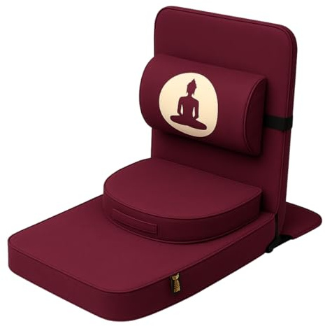 Friends of Meditation Relaxing Buddha Meditation Chair | Detachable Rectangular Back Support & Zafu Cushion | Portable Folding Chair | Floor Chair with Back Support | Yoga Chairs for Adults | Maroon