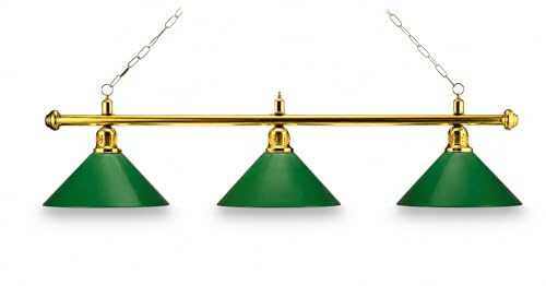 John West Billardlampe 3-flammig Messing/Grün 148 cm | Klassische Billardlampe mit 3 grünen Metallschirmen und Messingoptik für gleichmäßige Spielfeldbeleuchtung.