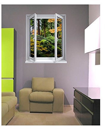 Stickers trompe l'oeil fenêtre Jardin et passerelle - L 100cm x H 120cm