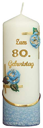 Meissner-Handel Auswahl * Jubiläumskerze/Geburtstagskerze ''Zum 80. Geburtstag'' * blau * mit farbigen Wachsauflagen * (Motiv 003) Auswahl Motiv + Farbe