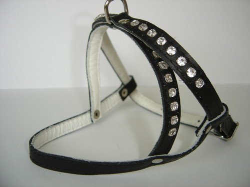 HUNDEGESCHIRR - Geschirr, Strass - Zirkonia Brustumfang 35-41cm Leder + Schwarz (PL1-3-3-07)