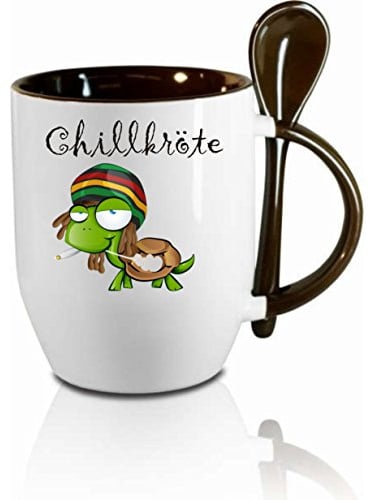 Tasse mit Löffel - Chillkröte - Löffeltasse, Kaffeetasse mit Motiv,Bürotasse, bedruckte Tasse mit Sprüchen oder Bildern - auch individuelle Gestaltung nach Kundenwunsch