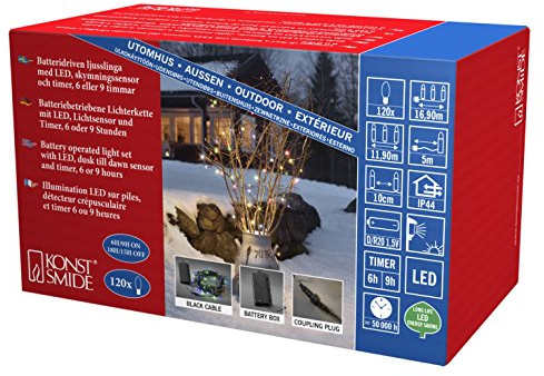 Konstsmide LED Lichterkette, mit Lichtsensor und 6h und 9h Timer, 120 bunte Dioden, batteriebetrieben, Außen (IP44), schwarzes Kabel - 3769-500