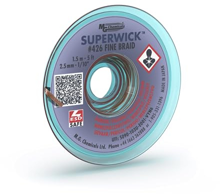 MG Chemicals Desoldering Braid #4 Fine Braid Super Wick with RMA Flux, 5' Length x 0.1 Width, Blue