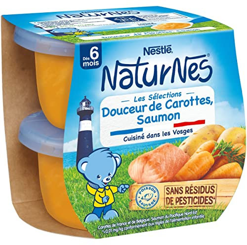 Nestlé Naturnes Les Sélections Petits Pots Bébé Douceur de carottes, Saumon - Dès 6 mois - 2x200g