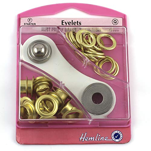 Hemline Gold Brass Eyelet Starter Kit 10.5mm (15 sets) With Metal Grommet Eyelet Tool Washers Eyelets Hole Punch & Storage Case mm H438P.10.G