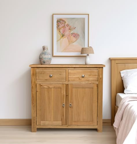 Hallowood Furniture Waverly Oak Small Sideboard with 2 Drawers & Cupboard, Wooden Small Cabinet with Adjustable Shelves in Light Oak, Living Room Cabinet, Sideboard Storage