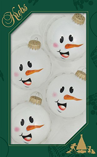 Dekohelden24 ORIGINAL LAUSCHAER Christbaumschmuck - 4er Set Kugeln porcellanweiss mit Schneemanngesicht, 6,7 cm, mit goldenem Krönchen + 50 Schnellaufhänger in Gold GRATIS zu Ihrer Bestellung dazu !
