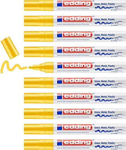 edding 750 gloss paint marker - yellow - 10 paint markers - round tip 2-4 mm - paint pen for glass, pebbles, wood, plastic, paper - waterproof, high coverage