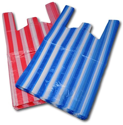 EPOSGEAR Candy Stripe Plastic Vest Carrier Shopping Bags (Medium - 10 x 15 x 18, Red/Blue Mix, 200)
