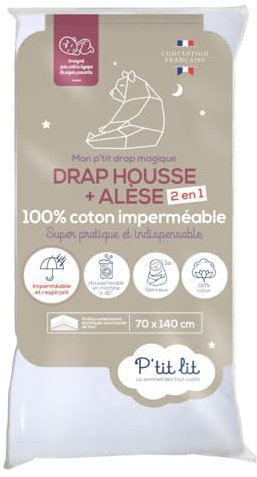 P'tit lit - Protège Matelas Bébé 2 en 1 | Alèse + Drap Housse 70x140 cm | Imperméable - 100% Coton - Souple et Silencieux - Respirant - Oeko Tex® - Blanc