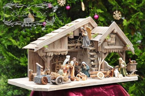 ÖLBAUM-Krippe KS70gg-MFPO-SKR- XXL Weihnachtskrippe, mit GRANITBRUNNEN Wassergrand + Premium-DEKOSET Krippenstall, Massivholz GEBEIZT - mit Premium- Krippenfiguren Oriental + Engel