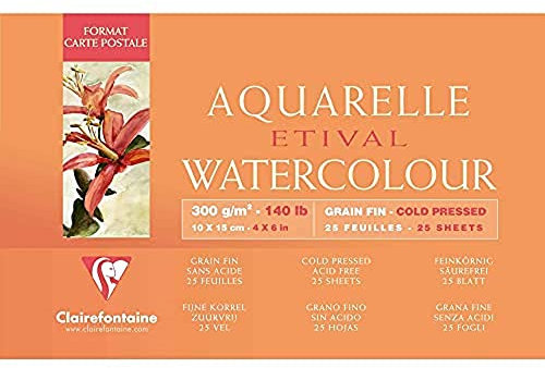Clairefontaine 96468C Malblock, Kopfseitig Geleimt Aquarellpapier Feinkörnig, Etival/Zellulose, 10 x 15 cm postkartenformat, 25 Blatt, 300 g Packung, weiß