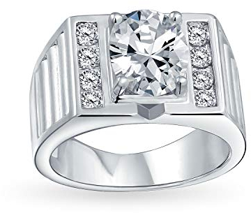 Bling Jewelry 3CT Klarer Ovaler Brillantschliff Solitär AAA CZ Statement Herren Verlobungs Und Ehering Breiter Band Silber Plattiert Matt Gebürstetes Finish Anpassbar