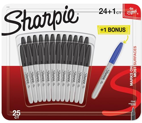 Sharpie Permanent Markers | Fine Point | 24 Black + 1 Blue Marker Pen | 25 Count Marker Set