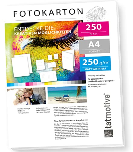 TATMOTIVE F01M250 Fotokarton Fotopapier 250g matt weiß/Laserdrucker/DIN A4 / Beidseitig bedruckbar / 250 Blatt