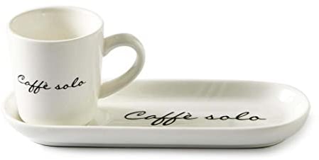Riviera Maison Tasse und Untertasse set, Espressotasse Porzellan mit Tekst, Kaffeebecher, Kaffeeservice - 1 Stück - Caffè Solo 2-teilig - Weiß - 85 ml - (LxBxH) 18x7x7