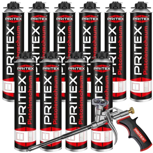 PRITEX – Bauschaum Set aus 10 x 750 ml Pistolenschaum inkl. Schaumpistole – Montageschaum zum Verfüllen, Dämmen & Abdichten – PU-Schaum mit hervorragender Schall- & Wärmedämmung – Bauschaum