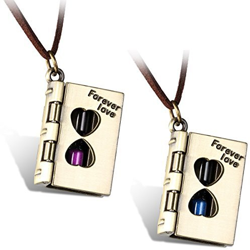 JewelryWe Paar Kette Liebesbrief Partnerketten: 2pcs Freundschaftsketten Samtseil Pullover Halskette mit Öffenbarem Forver Love Sanduhr Buch Medaillon Anhänger Pärchen Geschenk für sie und ihn