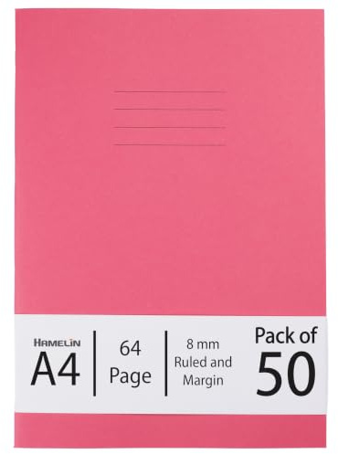 Hamelin A4 8 mm Ruled and Margin 64 Pages Exercise Book - Pink (Pack of 50)