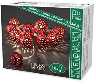 Konstsmide 3188-553 Battery Operated 10 Coloured Metal Decoration Balls with 10 Warm White Leds, Metal, Red