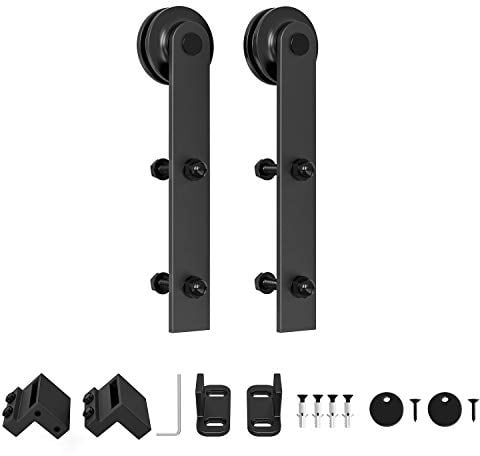 WINSOON Kit de herrajes para puerta corredera de granero, 1,2/1,5/1,8/2,4/3/3,6/4/4,6/4,9 metros, juego de rodillos para puerta de madera individual, diseño recto, negro (sin puerta), diseño en I