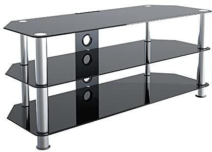 mahara Glass Corner TV Stand – Universal Black Glass TV Unit 114cm wide with Glass Shelves and Cable Management – TV Floor Stand Suitable for up to 55” TVs and Max Weight 45kg
