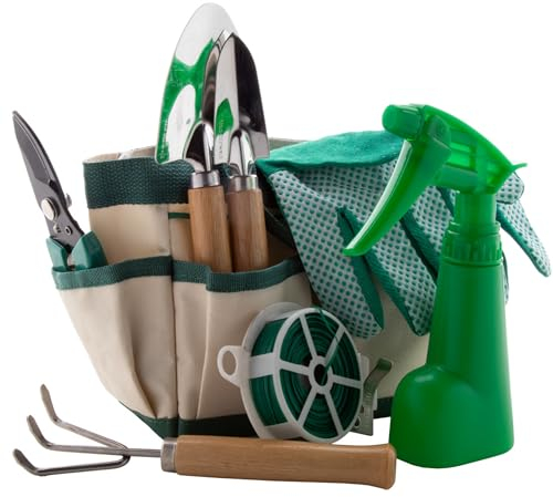 8-teiliges Gartenset Werkzeugset für Hobbygärtner und Botaniker Harke Schaufel Handschuhe Gartenschere Blumen Bindedraht Sprühflasche in Nylontasche