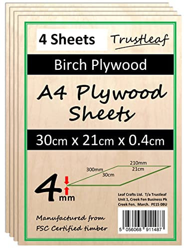 Compensato di betulla da 4 mm, formato A4, 300 x 210 x 4 mm, confezione da 4, a basso consumo di fumi E1