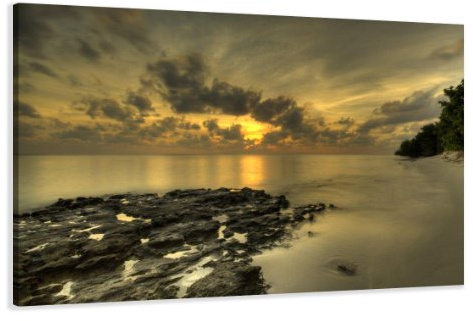 Visario Leinwandbild 120x80 cm 5021 Sonnenuntergang Meer Felsen Mystische Stimmung - Wandbild Natur Landschaft Ozean Goldenes Licht Wolken - Fertig Aufgespannt Holzrahmen Wohnzimmer Schlafzimmer Deko