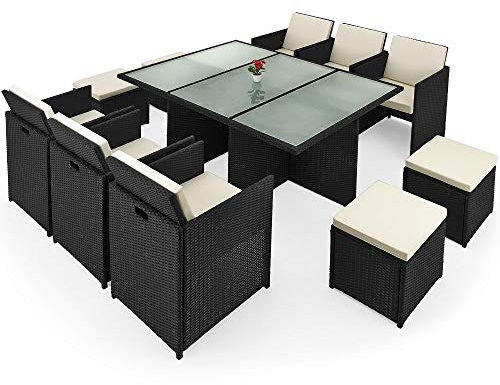 Casaria® Polyrattan Gartenmöbel Set Cube Tisch 180x120cm 6 Stühle 4 Hocker 7cm Auflagen Draußen Platzsparend Wetterfest Garten Terrasse Möbel Sitzgruppe