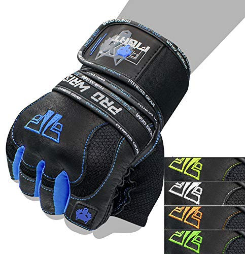 FOX-FIGHT Fitnesshandschuhe Trainingshandschuhe Kraftsport Damen Herren Leder Handschuhe Bodybuilding Sporthandschuhe mit Handgelenkbandage für Krafttraining Gewichtheben M PRO Wrist blau