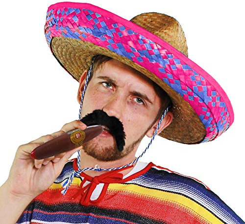 Lot de 12 sombrero mexicain rose de luxe pour femme - Chapeau de paille sauvage + fausse moustache + cigare - Accessoire de vacances idéal pour enterrement de vie de jeune fille, fête à la plage, été