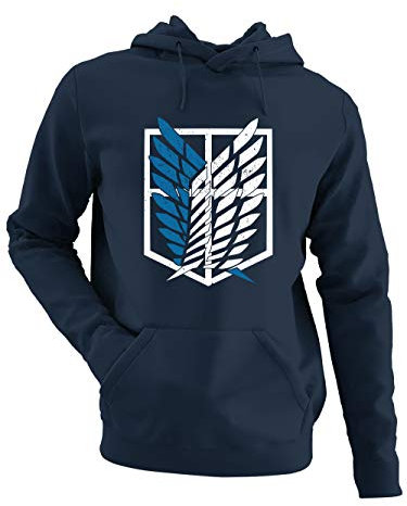 clothinx AOT Scouting Legion 2-Farb Variante Anime und Manga Design mit Titan Aufklärungstrupp Wappen-Schild Perfekt für Cosplay Fans und die nächste Convention Herren Kapuzen-Pullover Navy Gr. L