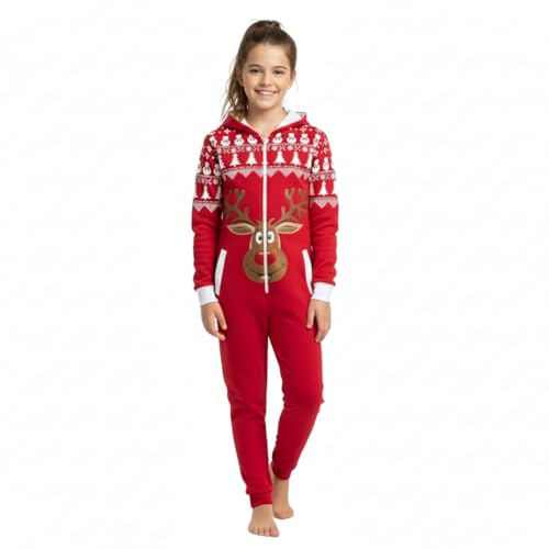 A2Z 4 Kids Girls Boys Reindeer Fleece Onesie Christmas Jumpsuit Novelty Set | Soft Novelty All In One Winter Sleepwear Costume Outfits Ages 5 to 13 Years