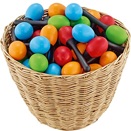 NINO Percussion Plastic Egg Maracas Assortment, 48 Pcs. 12 x Green, 12 x Orange, 12 x Sky-Blue, 12 x Red, 1x Rattan Basket (VE48-NINO569)