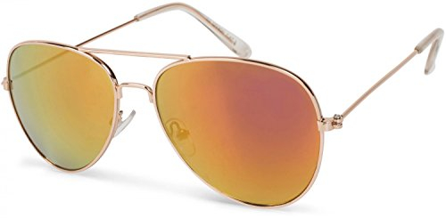 styleBREAKER Kinder Sonnenbrille Pilotenform mit verspiegelten oder getönten Gläsern | Edelstahl Rahmen UV400 Schutz | für Jungen und Mädchen 4 bis 10 Jahre, Gestell Gold/Glas Orange-Rot verspiegelt