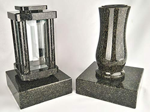 designgrab Modern Grablampe mit Vase und 2 Stück Sockel aus Granit Nero Impala, Grabschmuckset