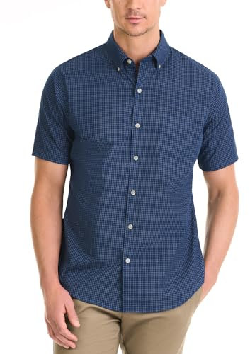 Van Heusen Men's Wrinkle Free Short Sleeve Button Down Check Shirt, Carbon Blue Minicheck, Medium