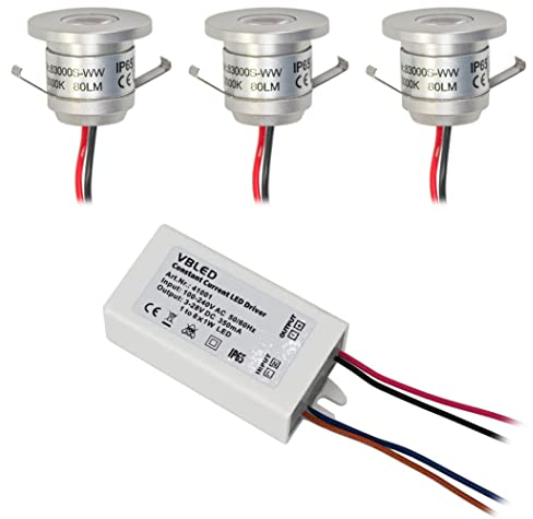 VBLED® LED Aluminium Mini Einbaustrahler IP44 wassergeschützt - 1W 350mA 80lm warmweiß (3000 K) (3er-Set IP65 WW)